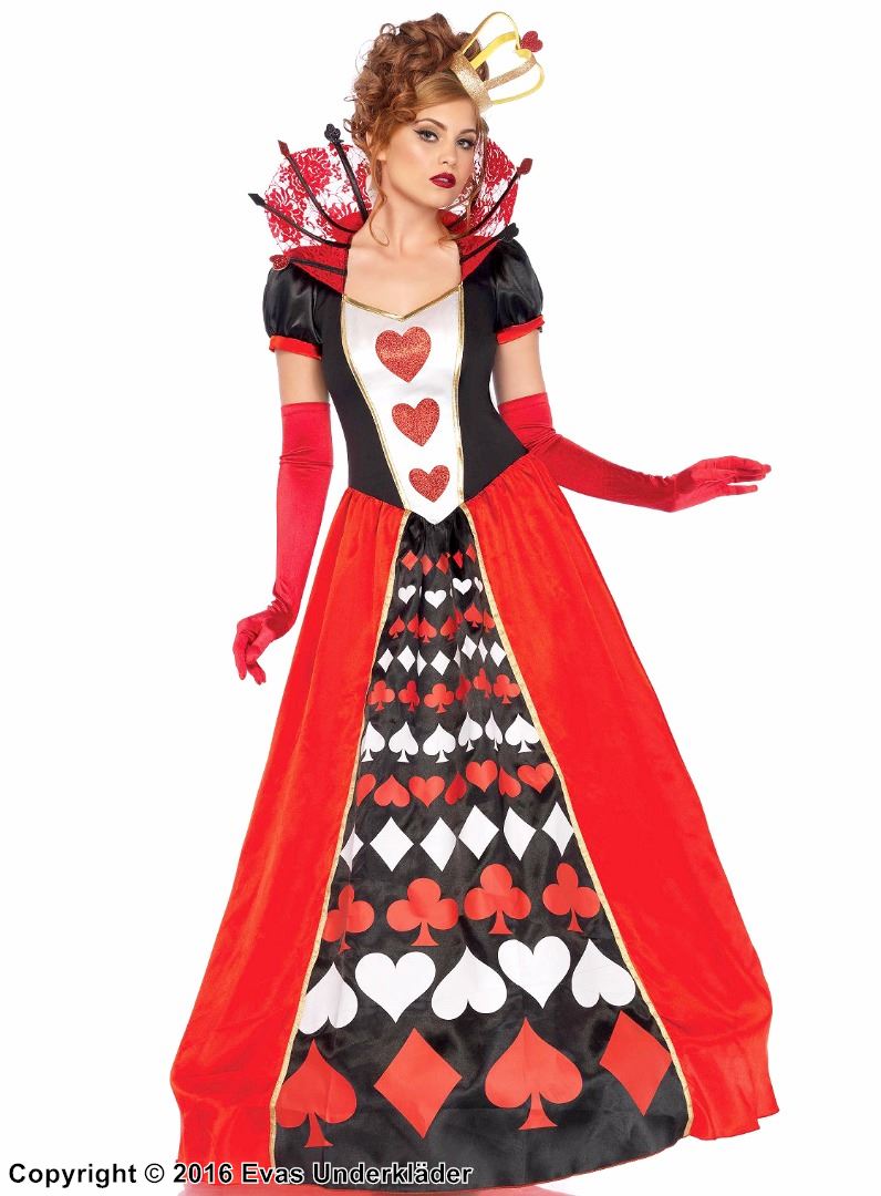 Queen of Hearts from Alice in Wonderland, costume dress, puff sleeves, stay up collar, hearts